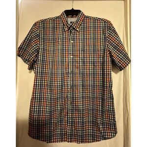 IZOD Dark Plaid Button Up Short Sleeve Mens Size Large‎